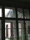 Fenster mit Blick auf einen Garten Ein Zimmer mit maßgefertigten Fenstern, durch die man auf einen grünen Garten und eine Ziegelstruktur im Hintergrund blickt.