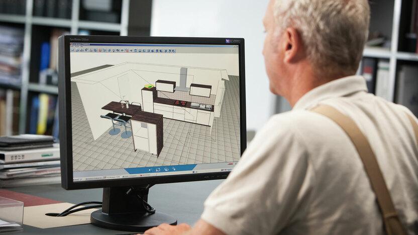 Planungsdarstellung am Computer durch Tischler Planungsdarstellung einer Küche in 3D am Computer durch Tischler