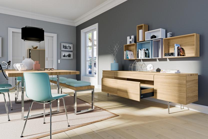 Esszimmerimpression in Holz-Türkis-Kombination Esszimmerimpression in Holz-Türkis-Kombination, Sideboard und Sitzbank mit akzentuierter grauer Wandgestaltung