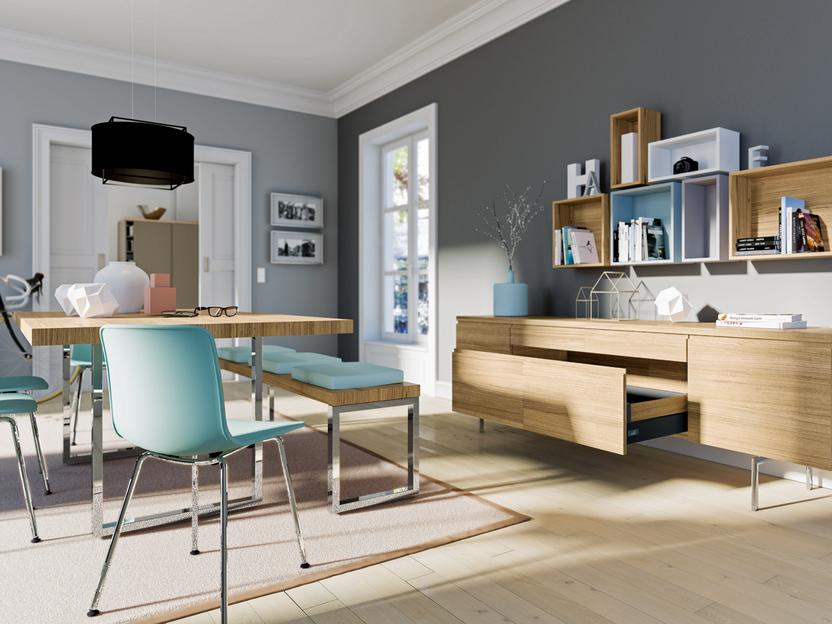 Esszimmerimpression in Holz-Türkis-Kombination Esszimmerimpression in Holz-Türkis-Kombination, Sideboard und Sitzbank mit akzentuierter grauer Wandgestaltung